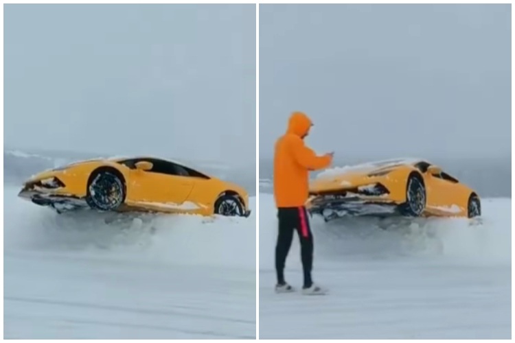 Una Lamborghini Huracan nella neve