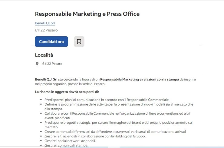 Offerta lavoro responsabile marketing benelli pesaro